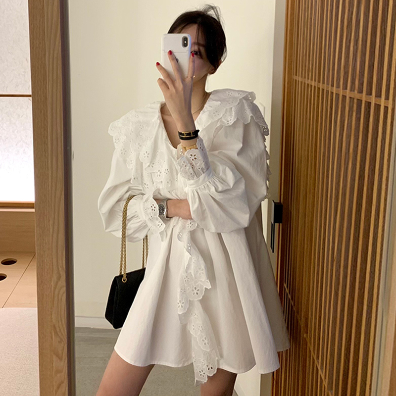韩国chic春季法式气质V领拼接蕾丝荷叶边设计收腰显瘦长袖连衣裙 - 图1