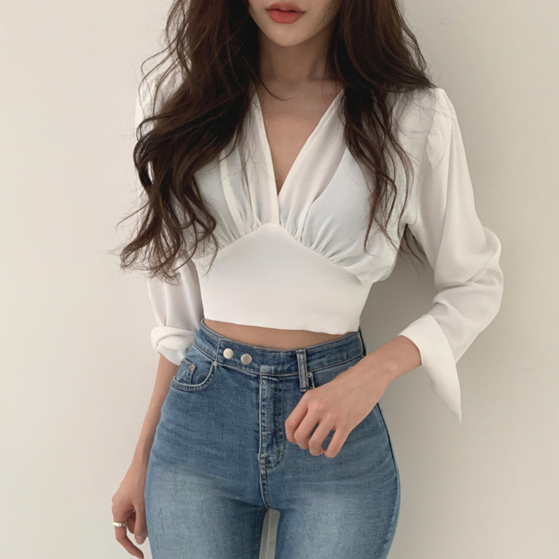 韩国chic优雅女人味深V领皱褶修身小心机后背绑带蝴蝶结长袖衬衫 - 图0
