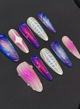 ANNI NAIL梦幻地球仪手工美甲穿戴甲片高级彩绘极光长水滴欧美甲