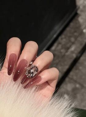 ANNI NAIL梦中情甲东洲闪钻红色渐变美甲高级感长椭圆婚庆美甲片