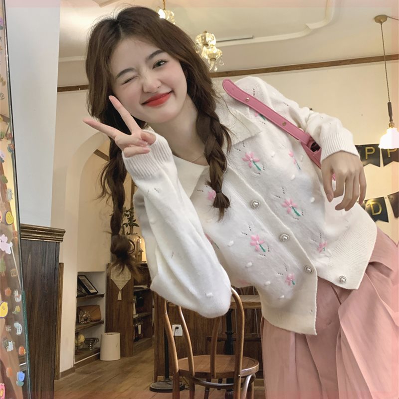 撞色立体小花娃娃领针织开衫毛衣女韩系甜美减龄设计感2023秋冬 - 图2