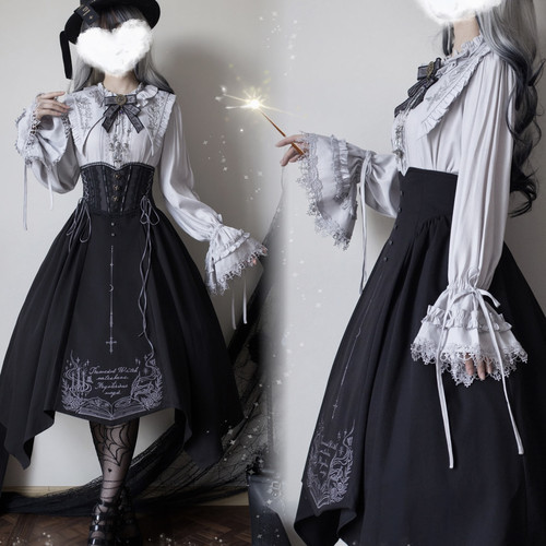 【女巫笔记系列】现货lolita刺绣领衬衫腰封马甲连衣裙 - 图3