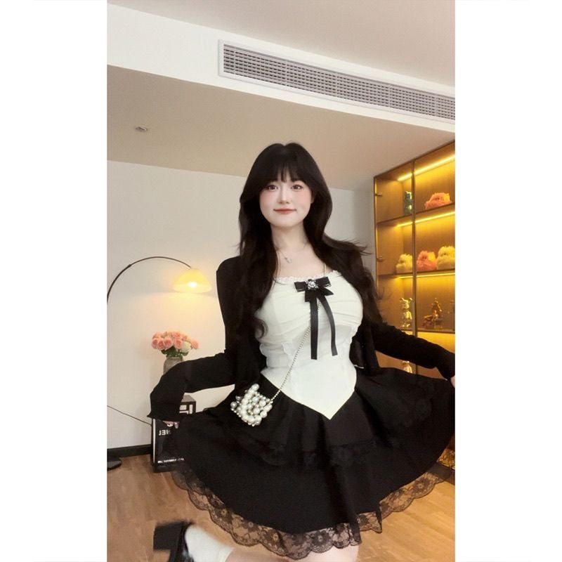 微胖mm蕾丝拼接纯欲风吊带小上衣蛋糕短裙套装女夏季辣妹穿搭开衫,淘宝优惠券,粉丝福利购,淘宝优惠卷