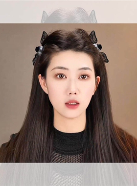 韩系黑色蕾丝蝴蝶结精灵耳发夹高级感前额侧边刘海头发夹子头饰女