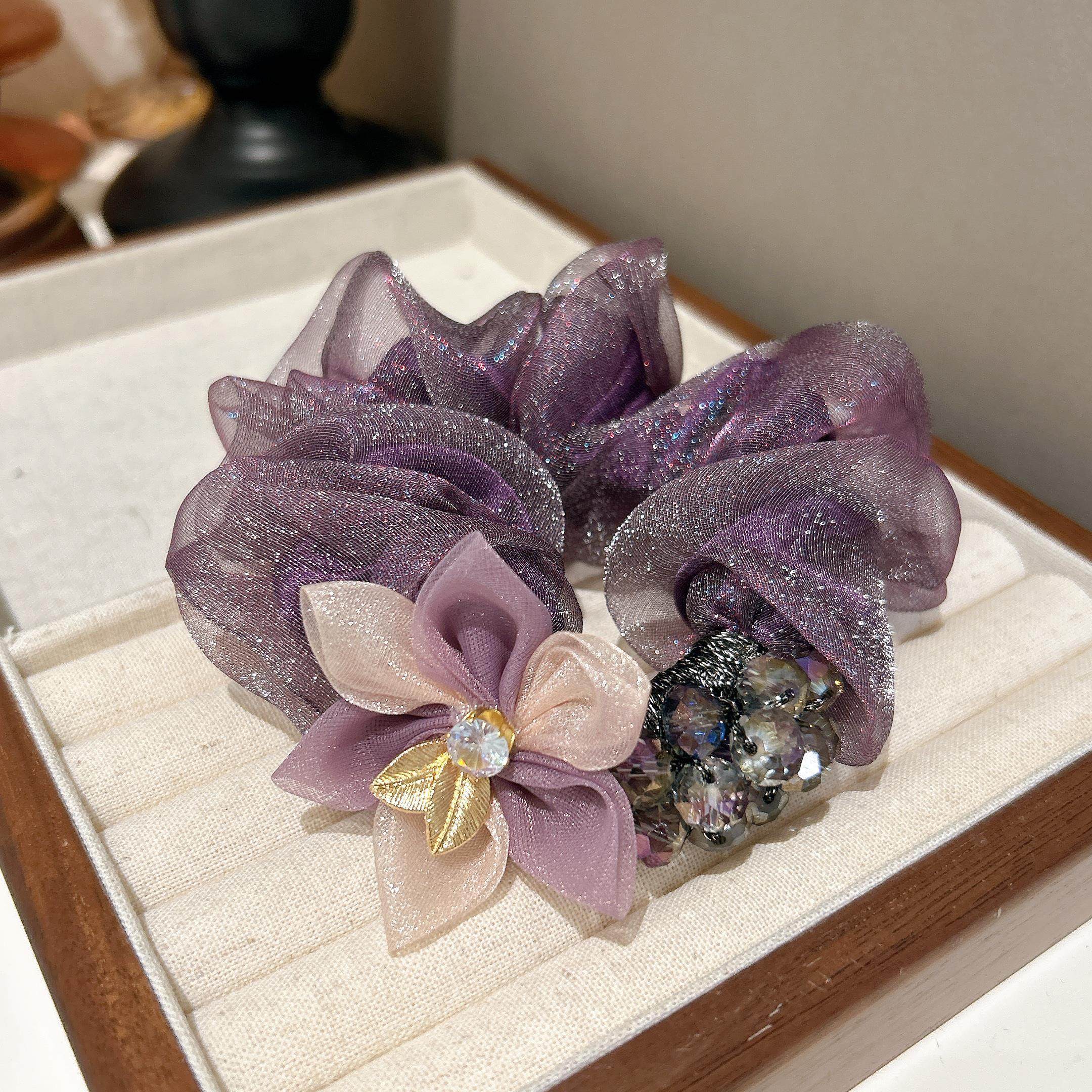 春夏新款欧根纱大肠圈紫色温柔气质花朵头花高级丸子盘发头绳发绳,淘宝优惠券,粉丝福利购,淘宝优惠卷