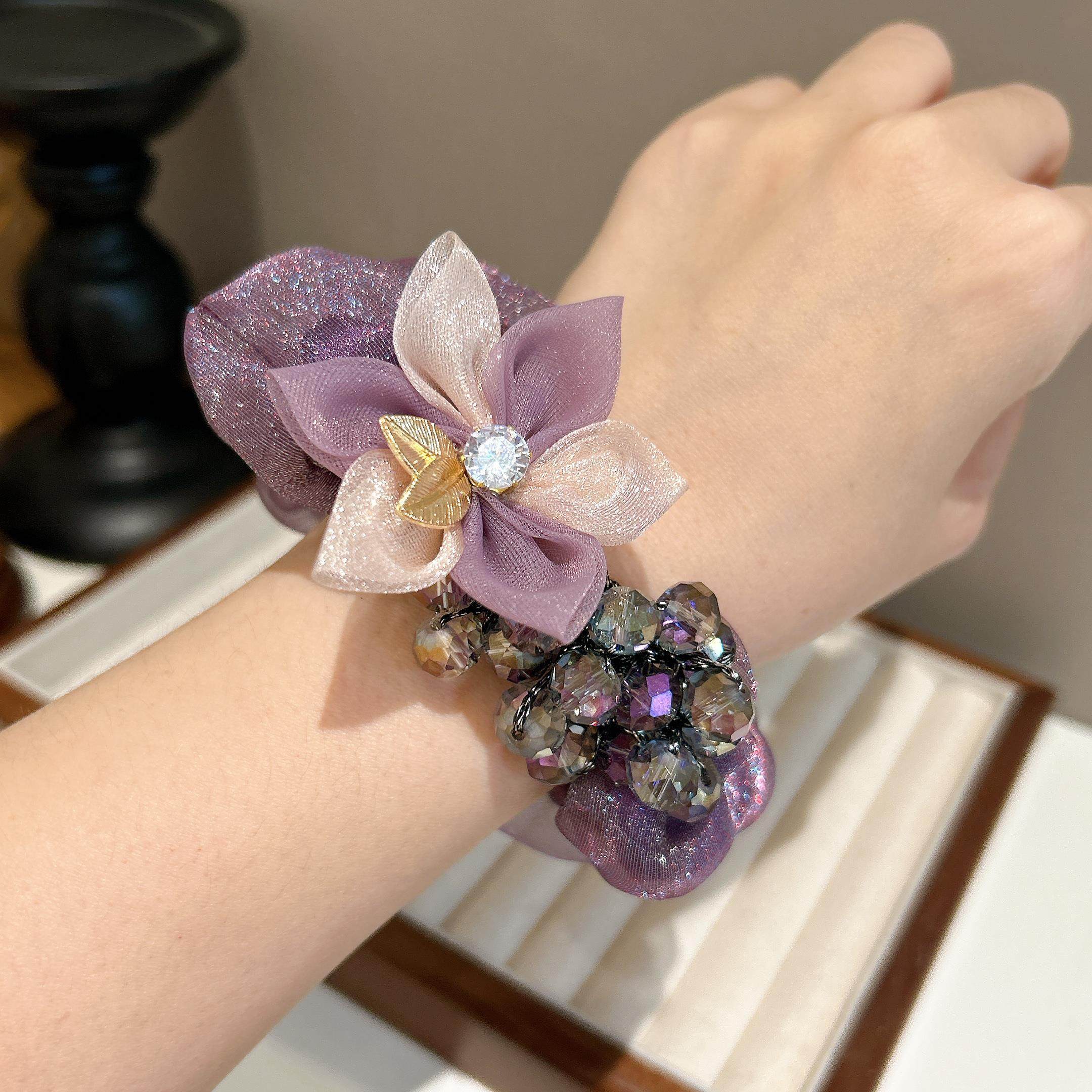 春夏新款欧根纱大肠圈紫色温柔气质花朵头花高级丸子盘发头绳发绳,淘宝优惠券,粉丝福利购,淘宝优惠卷