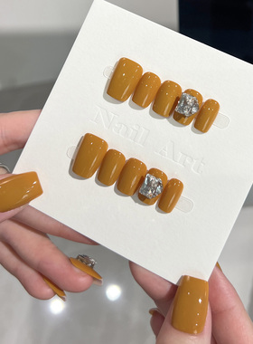 NailArt南瓜色堆钻穿戴甲高级显白短中方ins纯欲风氛围感学生美甲
