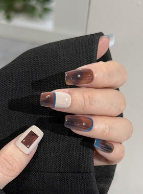 NailArt棕蓝琥珀穿戴甲高级显白中方ins纯欲风氛围感学生美甲贴片