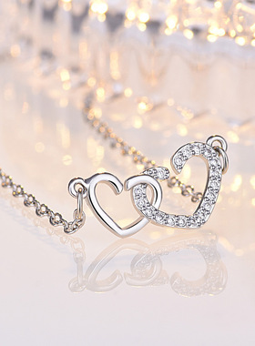 镀银时尚双心项链镶钻女士爱心形