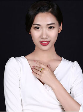 欧美复古祖母绿锆石戒指女四爪爱心绿碧玺金色开口绿石戒指