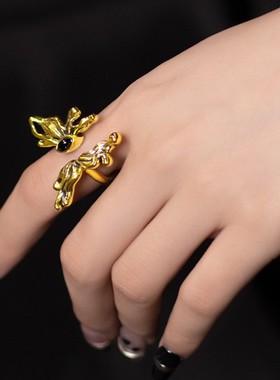 潮牌小众设计酷黑戒指女黑金蝴蝶戒指古金指环复古男女百搭