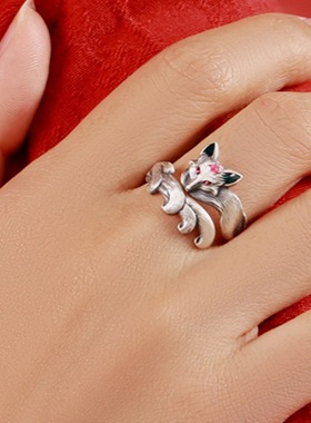 足银999九尾灵狐戒指可爱小狐狸银戒复古宫廷风纯银女手饰小众款