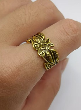 泰银男士兽面纹古法戒指男个性潮男霸气食指潮人情侣开口指环