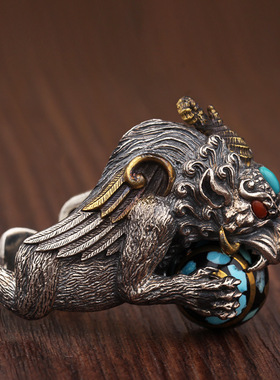 925纯银貔貅抱球戒指男个性霸气复古开口可调节银指环