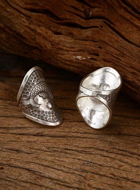 复古做旧锦鲤戒指纯银手工S925男女款年年有余食指中指遮纹身男戒