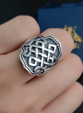 S925纯银宽面中国结戒指复古做旧民族风八吉祥盘长宽版男戒指环