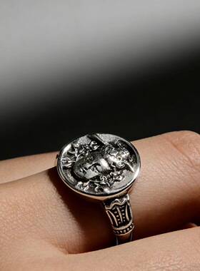 泰银复古佛头戒指做旧工艺本命佛指环可调节开口设计感男女款