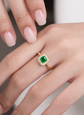 新款高端镀18K玫瑰金仿真方形绿碧玺祖母绿宝石彩宝开口戒指女
