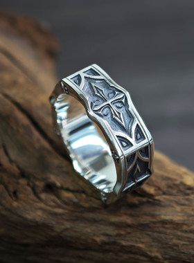 泰银复古做旧 “中世纪方形十字”戒指  男女个性款开口指环