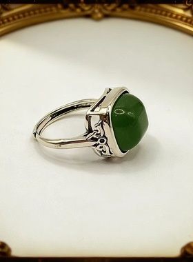 泰银晴水玉复古做旧吉祥花纹方形戒指设计感开口可调节指环