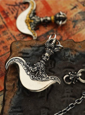 925纯银钺刀吊坠男女款藏传文玩配饰项链精工雕刻复古朋克金刚斧