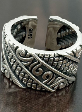 2025新款卷尾花戒指泰银男士百搭复古高级感食指开口可调饰品