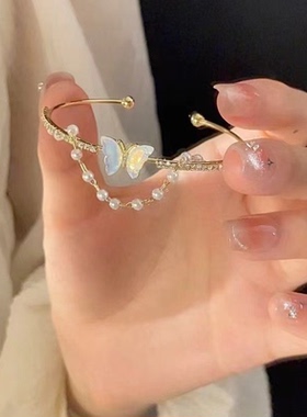 极光蝴蝶手镯女锆石开口镯子珍珠