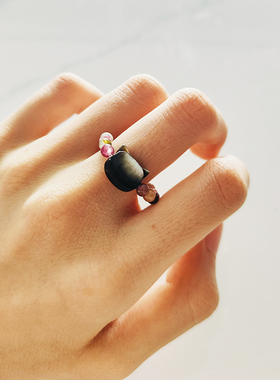 【弹力绳戒指】多色天然碧玺石珠指环复古新中式猫头戒指女H022