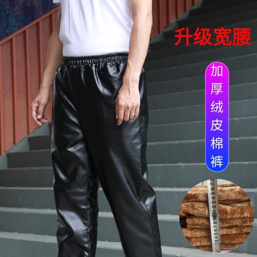 皮衣外套男冬季加绒加厚防水连帽中老年干活穿大码皮衣皮裤套装男 - 图0