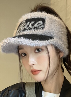 兔毛帽子女秋冬季新款空顶帽毛绒护耳保暖鸭舌帽显脸小针织毛线帽