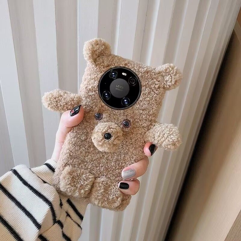 冬季毛绒泰迪抱抱小熊适用苹果8plus/6s/xsmax手机壳情侣小两口xr/11promax可爱达菲布朗小熊毛茸保护壳套13,淘宝优惠券,粉丝福利购,淘宝优惠卷