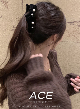 珍珠黑色丝绒蝴蝶结发夹香蕉夹