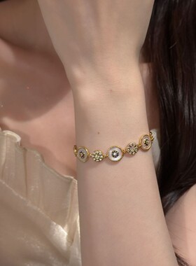 高级感天然贝母微镶锆石手链 宫廷异域风抽拉手环手饰 18K真金电