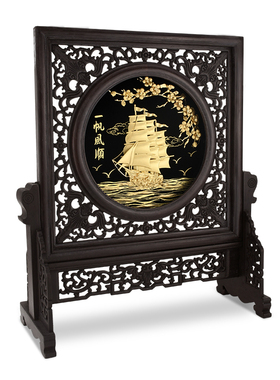 一帆风顺金箔实木桌面小屏风