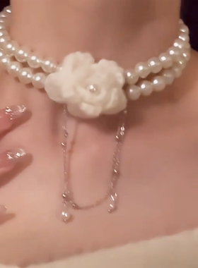 甜美法式山茶花项链双层珍珠颈链