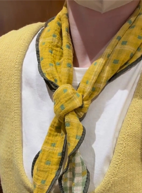 早春草绿黄格纹丝巾女双面三角巾