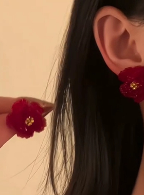 红色山茶花项链女choker新年配饰