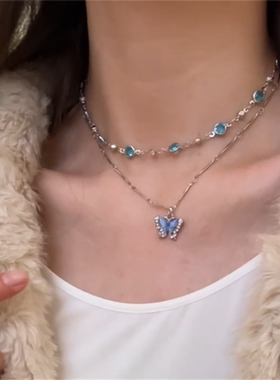 双层海蓝色蝴蝶吊坠项链甜酷叠戴