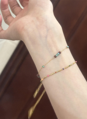 复古彩色珐琅串珠手链金色链条