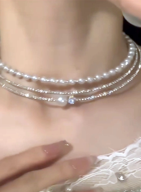 多层闪锆珍珠项圈千金感礼服颈链