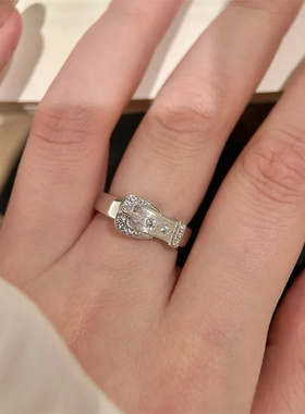 复古闪钻拉丝工艺银皮带戒指高级