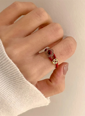 新中式有钱花红绳戒指简约指环戒