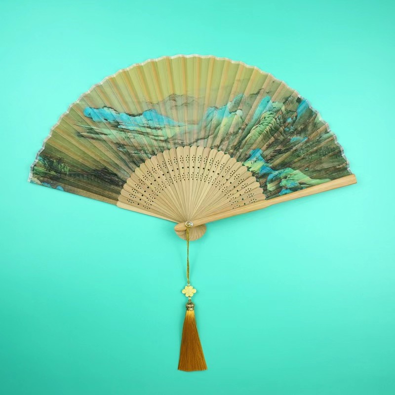 中国风送老外出国礼物送女士送外宾千里江山图丝绸折扇子古风流苏