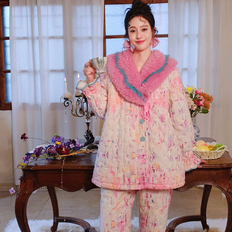 原创撞色毛领三层加厚夹棉睡衣两件套宽松加棉加绒家居服套装冬新,淘宝优惠券,粉丝福利购,淘宝优惠卷