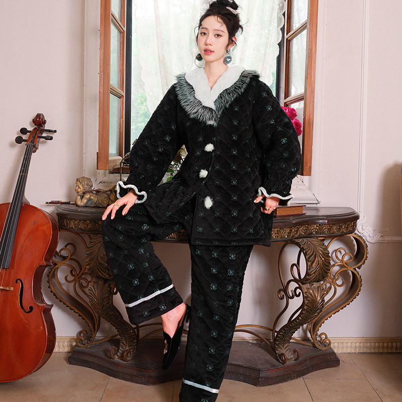 原创薄荷绿女刺绣三层加厚夹棉睡衣两件套宽松加绒家居服套装冬新,淘宝优惠券,粉丝福利购,淘宝优惠卷