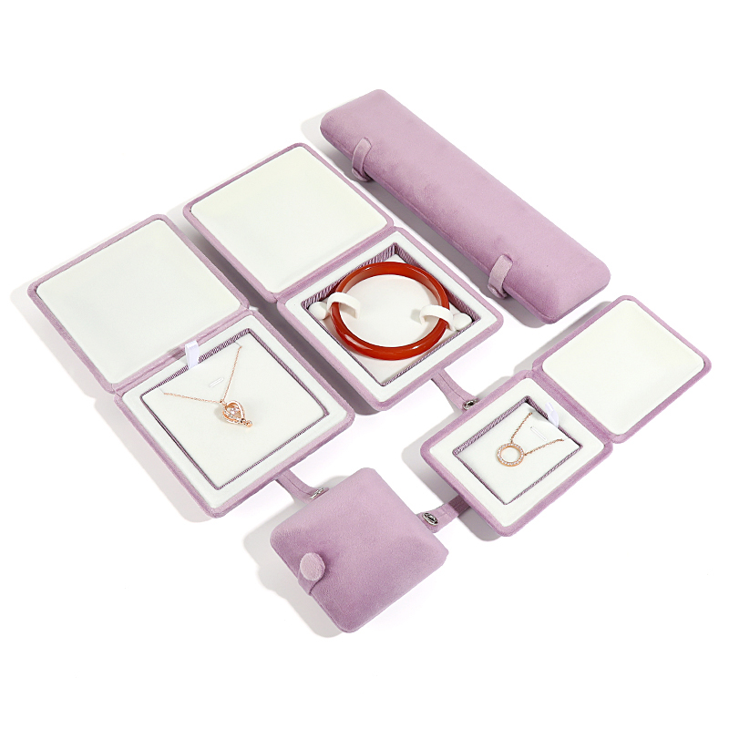 轻奢项链盒绒布双开按扣紫色项链手镯耳钉耳环手链珠宝首饰盒送礼 - 图0
