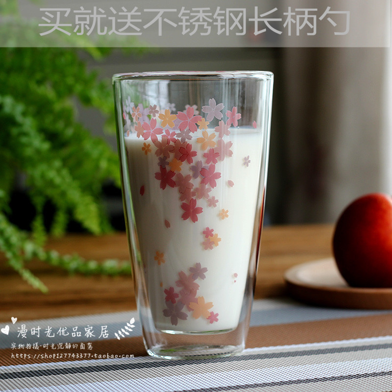 包郵zakka雙層櫻花隔熱玻璃杯帶蓋可愛透明耐熱奶茶水杯牛奶杯子