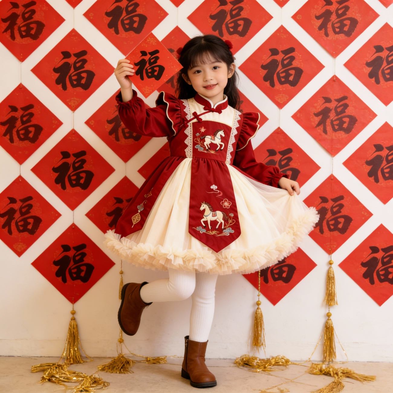 女童2026新款马年拜年服小女孩中式唐装汉服连衣裙加绒蓬蓬公主裙,淘宝优惠券,粉丝福利购,淘宝优惠卷