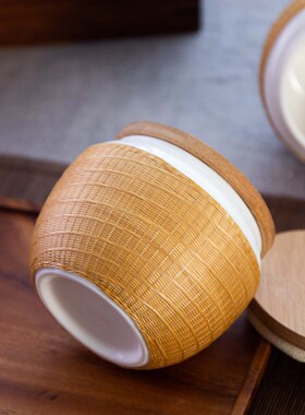 非遗竹编竹丝扣瓷新款茶叶罐