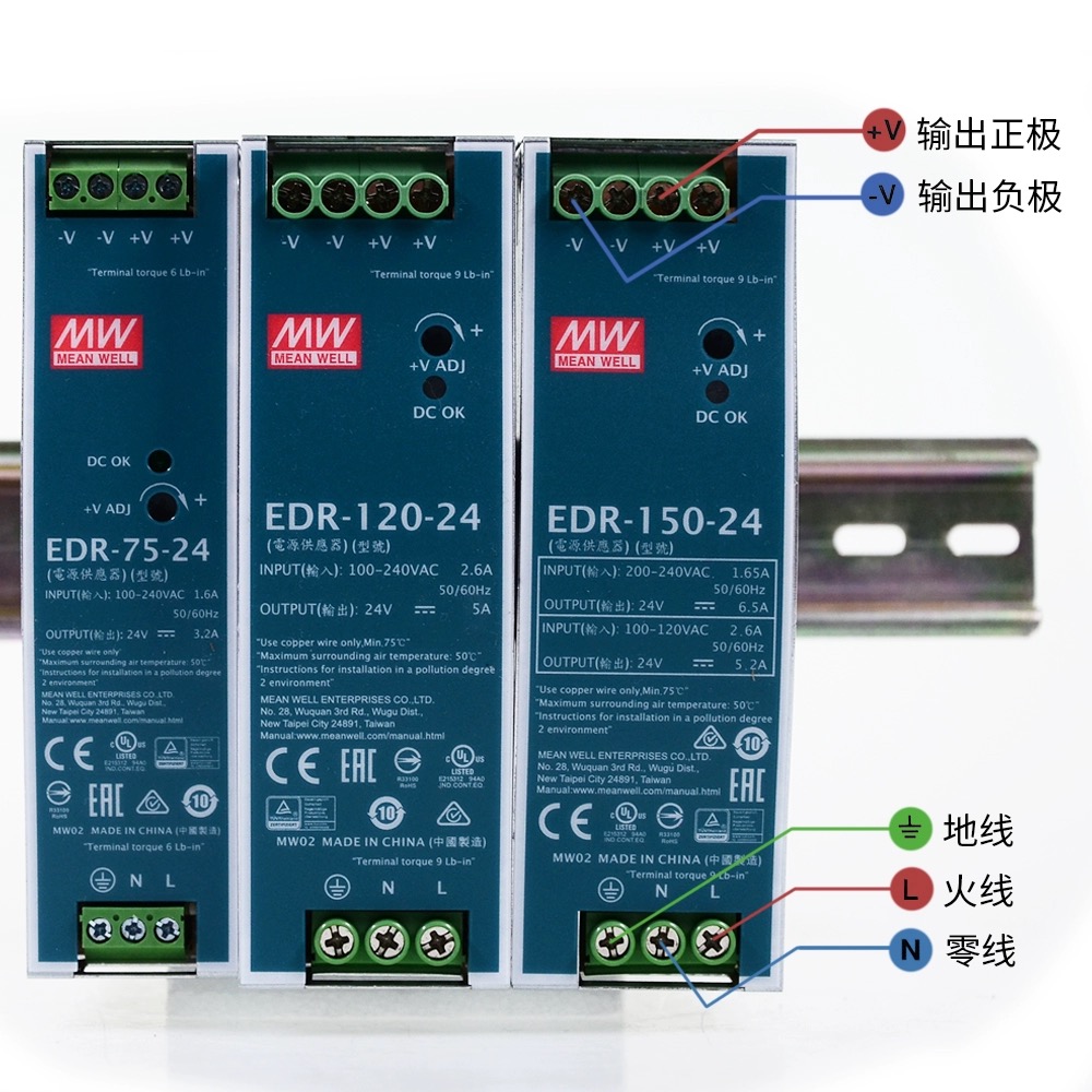 EDR明纬24V导轨式12V/48V直流75/120/150W变压器5A开关电源DR 10A-图1